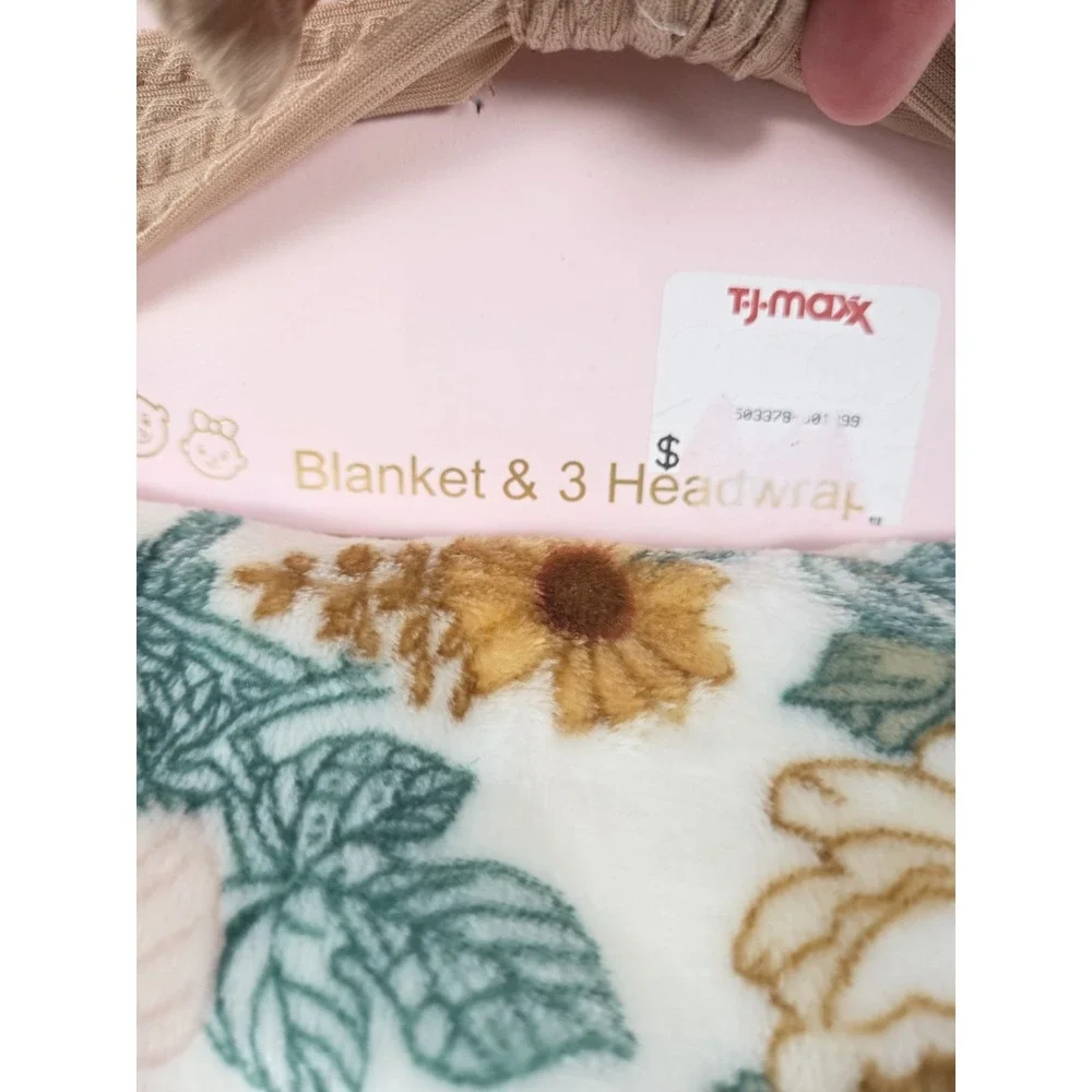 Ava Olivia BABY Chic Rose Plush Blanket Set & 3 Matching Head Wraps Gift NEW